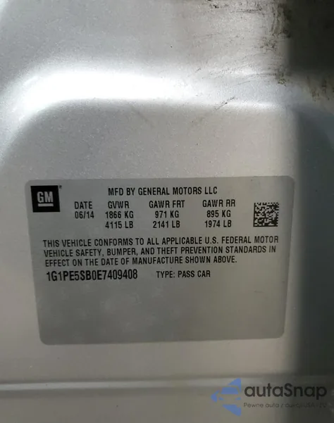 2014 Chevrolet Cruze Lt z USA, uszkodzony, nr VIN 1G1PE5SB0E7409408